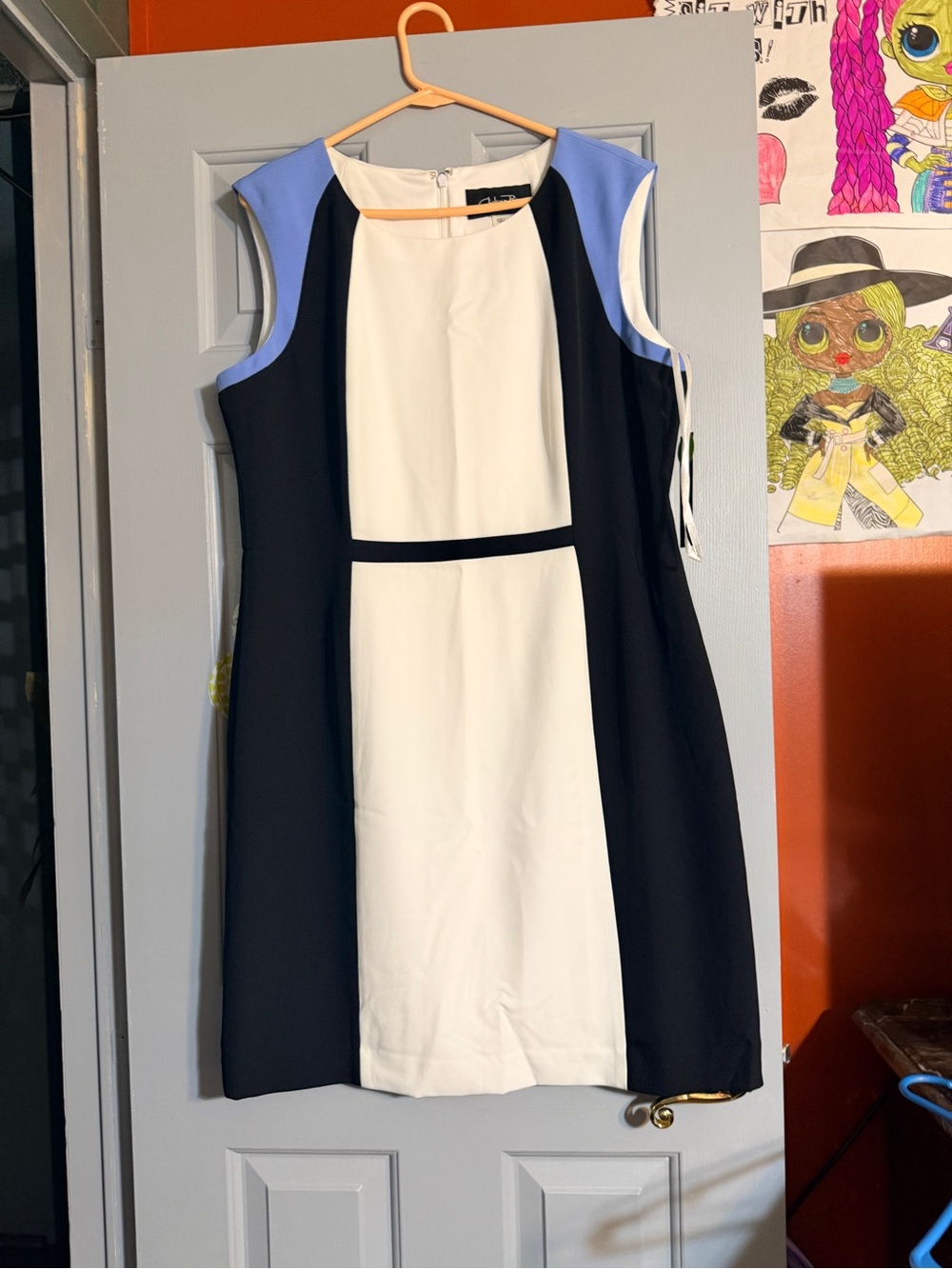 Colorblock Sheath Dress in White, Navy & Light Blue